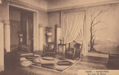 Vintage illustration of a hotel room interior with furniture and decor.