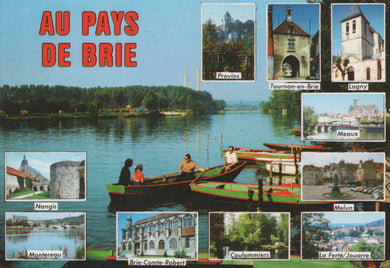 Postcard featuring scenic views of a river with boats and images of buildings and landscapes labeled 'Au Pays de Brie'.
