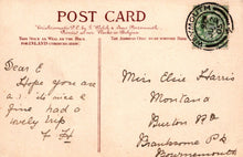 Load image into Gallery viewer, Vintage postcard with handwritten text and a stamp, featuring a message to Miss Elsie Harris.
