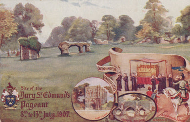 Illustration of a historical pageant scene with people and a horse, set against a landscape with trees and a stone archway.