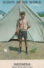 Load image into Gallery viewer, Scout standing in front of a tent with &#39;Scouts of the World&#39; and &#39;Indonesia&#39; text.
