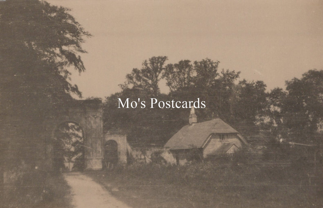 Vintage-style photo of a rustic scene with trees and a building, labeled 'Mo's Postcards'.