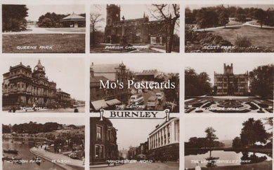 Collage of black and white photographs of various locations in Burnley, including parks and buildings.