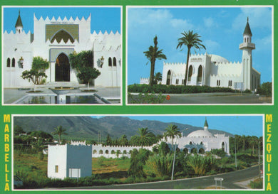 Collage of images showing a mosque with greenery and mountains in the background.