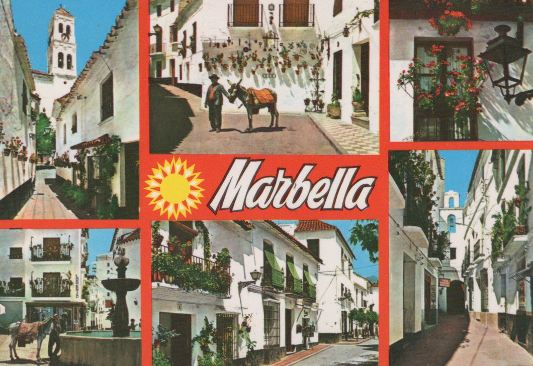 Collage of scenic views from Marbella with a central 'Marbella' logo.