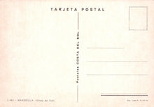 Load image into Gallery viewer, Back of a postcard with text and a small square area for a stamp.
