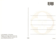 Load image into Gallery viewer, Back of a postcard with a floodlit view of Canterbury Cathedral, featuring text and a barcode.
