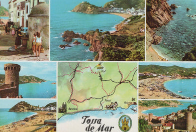 Collage of scenic images and a map of Tossa de Mar, featuring coastal views and a town.