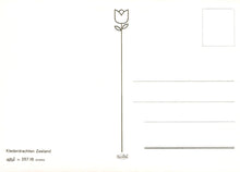 Load image into Gallery viewer, Black and white line drawing of a tulip on a postcard with text and a stamp.
