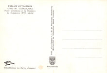 Load image into Gallery viewer, Back of a postcard with text and a logo, featuring the city of Strasbourg.
