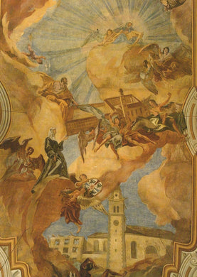 Decorative ceiling fresco with religious or mythological scene, featuring figures and architectural elements.