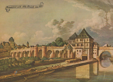 Vintage illustration of Frankfurt with Alte Brücke, showing historical architecture and river scene.