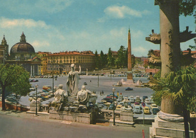 Vintage postcard of a city square with statues, traffic, and buildings.