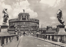 Load image into Gallery viewer, Vintage black and white photo of Castel Sant&#39;Angelo in Rome with statues on either side.
