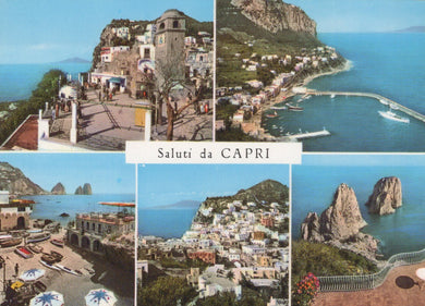 Collage of scenic views from Capri with text 'Saluti da Capri'.
