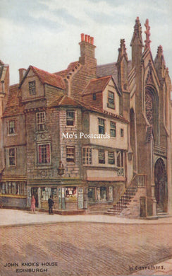 Illustration of John Knox's House in Edinburgh with a church and people on a street.