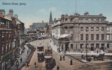 Vintage postcard of Victoria Street, Derby with a large building and street scene.