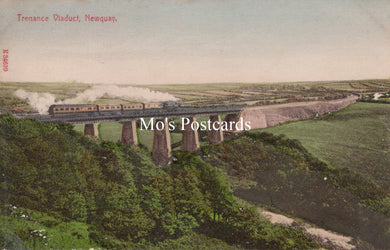 Vintage postcard of a steam train on a viaduct with 'Mo's Postcards' watermark.