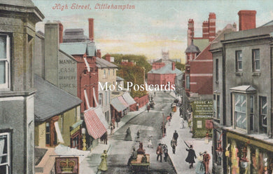 Vintage postcard of High Street, Littlehampton with colorful buildings and people.