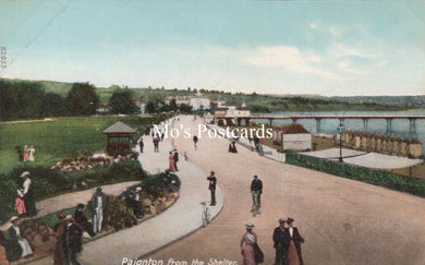 Vintage postcard of Paignton from the Shelter with people walking along a promenade by a body of water.