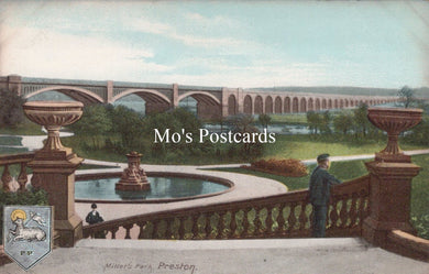 Vintage-style postcard with a scenic view of a bridge and park 