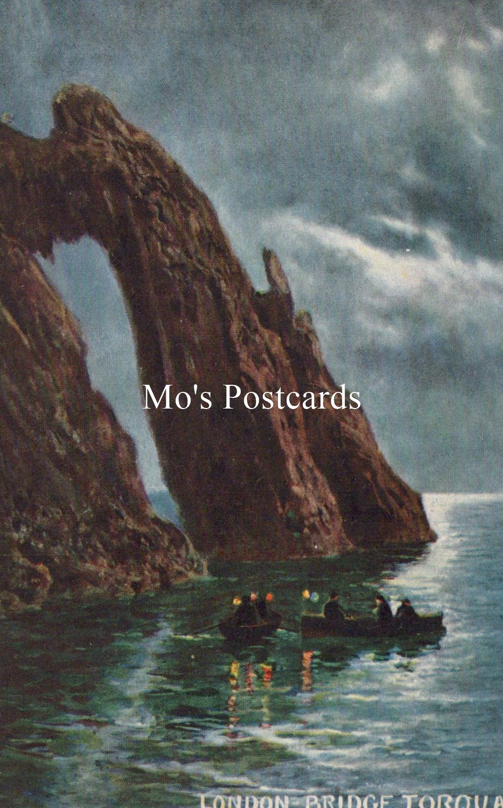 Artistic depiction of a boat near cliffs  