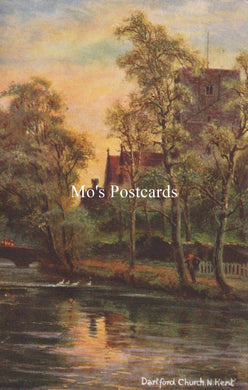 Painting of a church by a river  