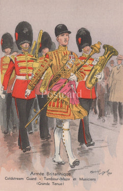Illustration of British Coldstream Guard in formal uniform with musical instruments.