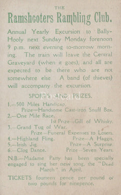 Advertisement for the Ramshooters Rambling Club's annual excursion to Bally-Hooly, featuring details about the train schedule and prizes.