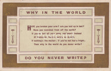 Load image into Gallery viewer, Vintage-style card with a humorous poem asking why someone hasn&#39;t written, framed by decorative elements.

