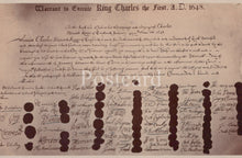 Load image into Gallery viewer, Historical document with text and signatures on a brown background
