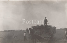 Load image into Gallery viewer, Vintage black and white photo of a horse-drawn cart with people in a field, labeled &#39;Postcard&#39;.
