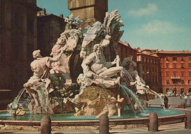 Baroque fountain with sculptures in an urban setting