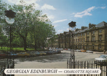 Load image into Gallery viewer, Georgian Edinburgh with Charlotte Square, cars parked on the street, and trees lining the area.
