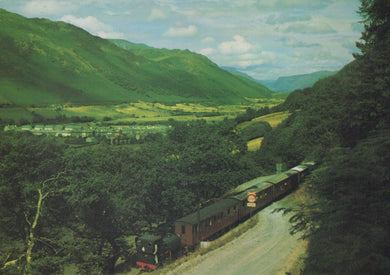 Vintage-style painting of a steam train traveling through a scenic mountain landscape.