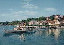 Load image into Gallery viewer, Vintage steamboat on a lake with a scenic town and castle in the background
