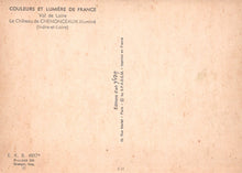 Load image into Gallery viewer, Vintage postcard with text about illuminated Chenonceaux Castle in the Val de Loire region, France.
