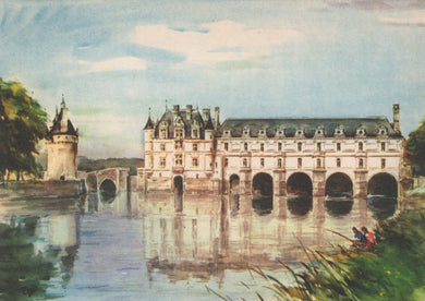 Painting of a castle with a moat and people on a boat, likely from the Loire Valley.