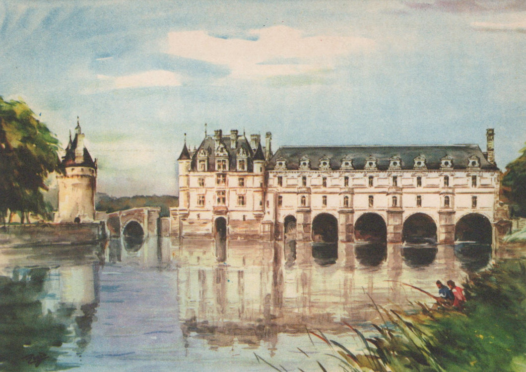 Painting of a castle with a moat and people on a boat, likely from the Loire Valley.
