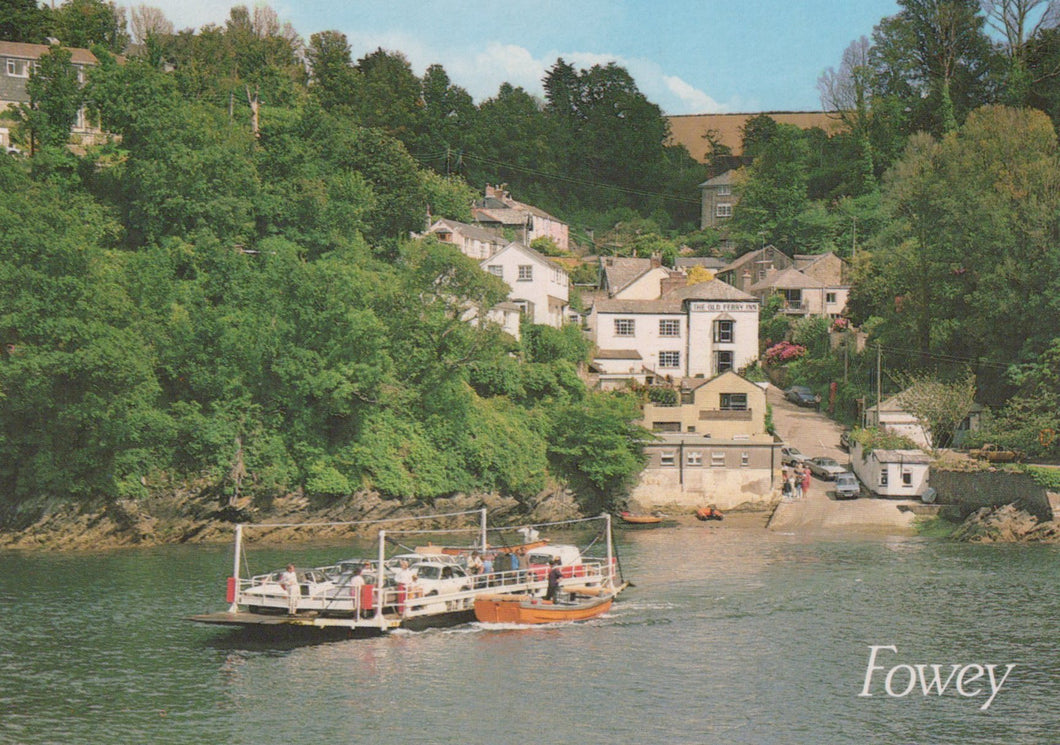 Ferry on a river with houses and trees in the background, labeled 'Fowey'.