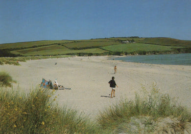 Beach scene with people and a picnic area, green hills in the background