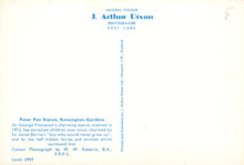 Load image into Gallery viewer, Back of a postcard with text about the Peter Pan statue in Kensington Gardens, London, featuring J. Arthur Dixon&#39;s photography.
