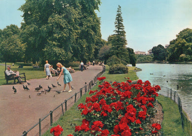 People walking along a path by a lake with red flowers in the foreground