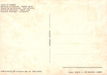 Load image into Gallery viewer, Vintage aerial view postcard of Lago di Garda with text and contact information.
