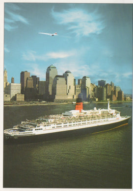 Cruise ship sailing on water with a city skyline in the background