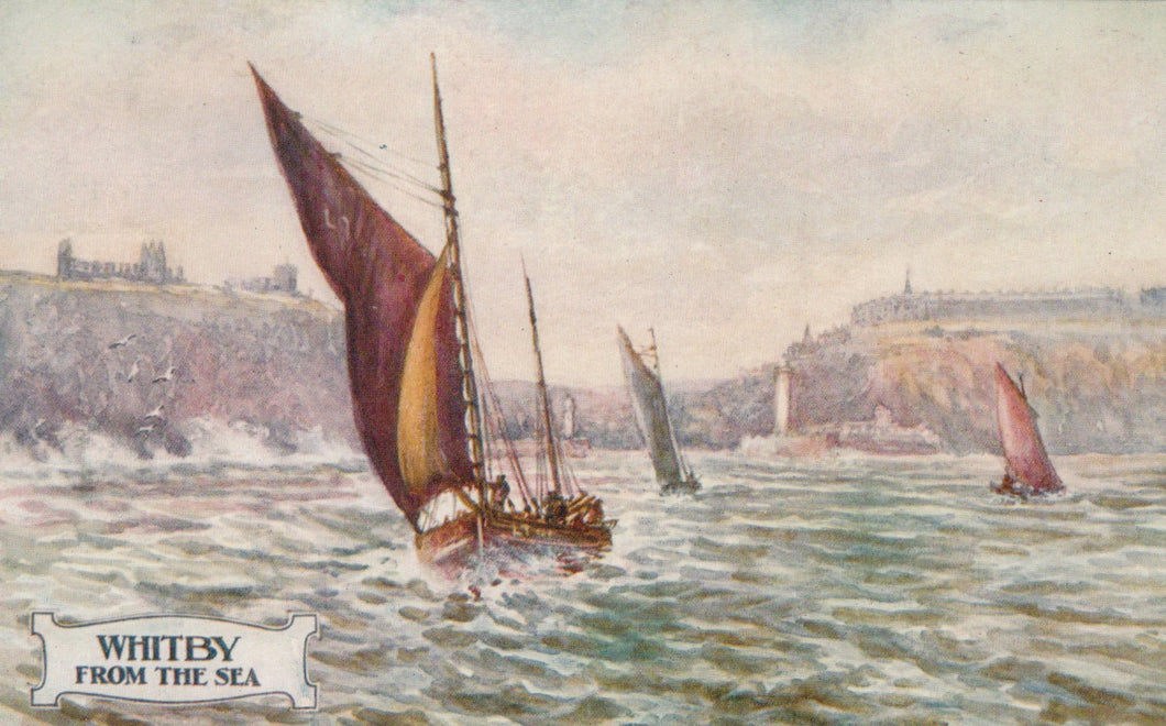 Painting of sailboats on the sea with a coastal town in the background