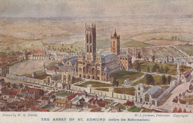 Illustration of the Abbey of St. Edmund before the Reformation, showing a large cathedral and surrounding buildings.