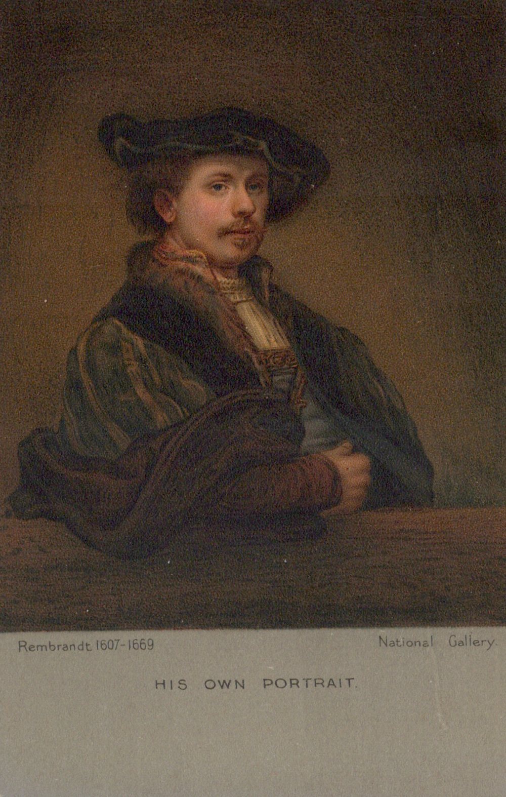 Portrait of a man with a hat, sitting at a table, with 'National Gallery' label.