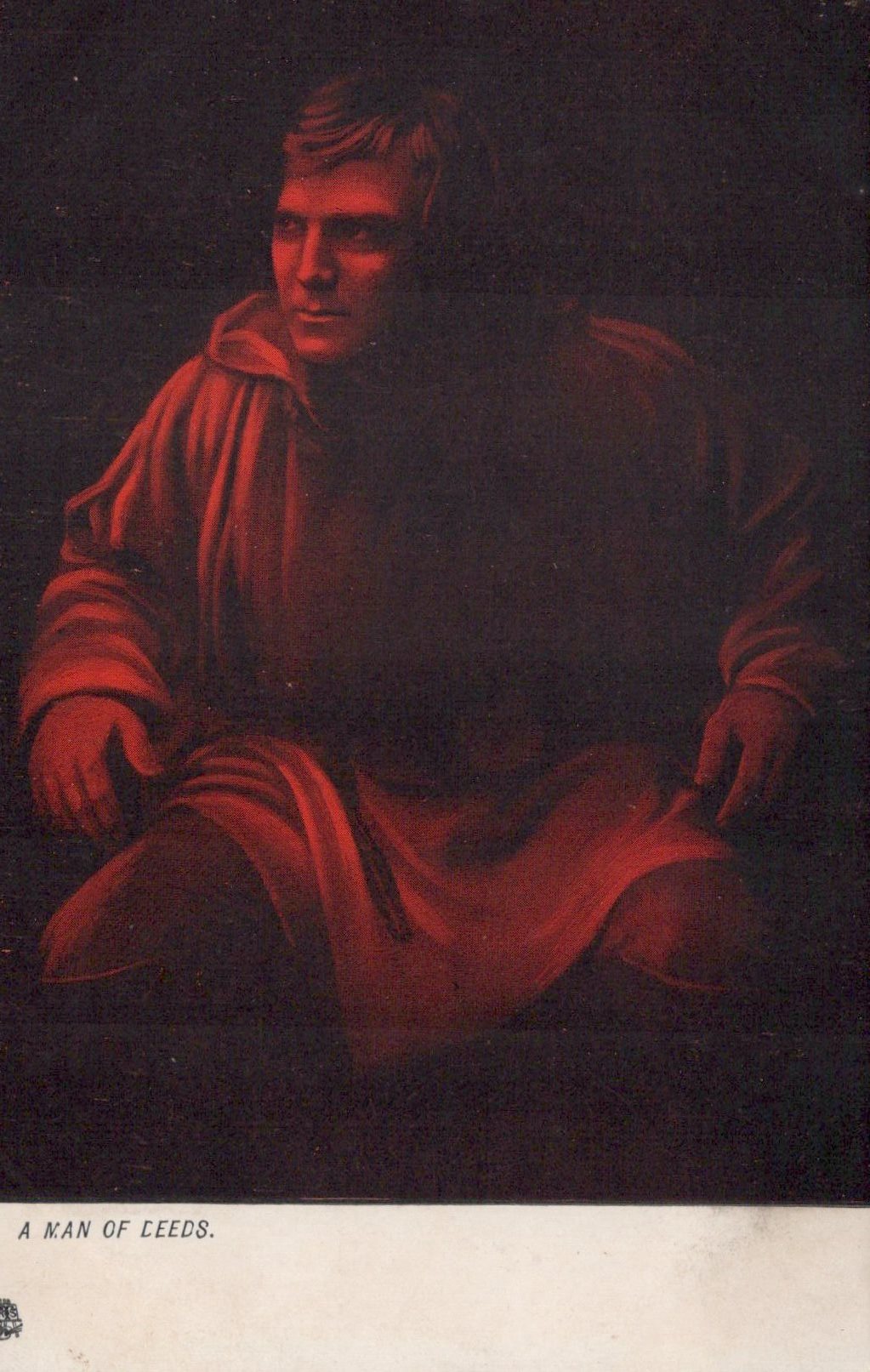 Vintage illustration of a man in a red garment with a dark background