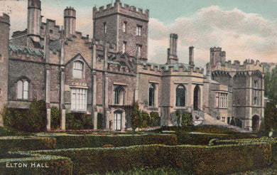Elton Hall, a large castle-like building with battlements, surrounded by greenery.